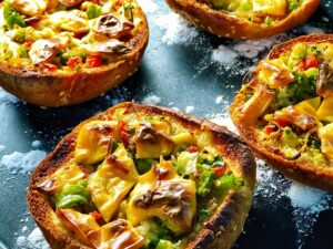 High angle appetizing yummy mini pizzas on bread with vegetables and cheese served on black board with flour